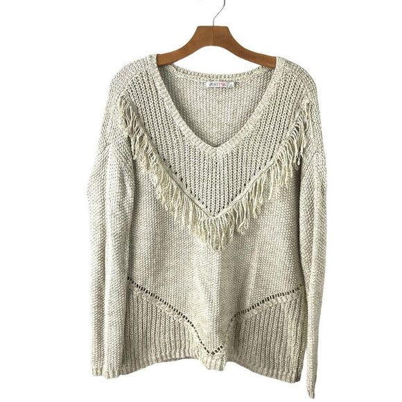 𝅺JUST Fab Marled Oatmeal Fringed V Neck Sweater Size S - Picture 4 of 8